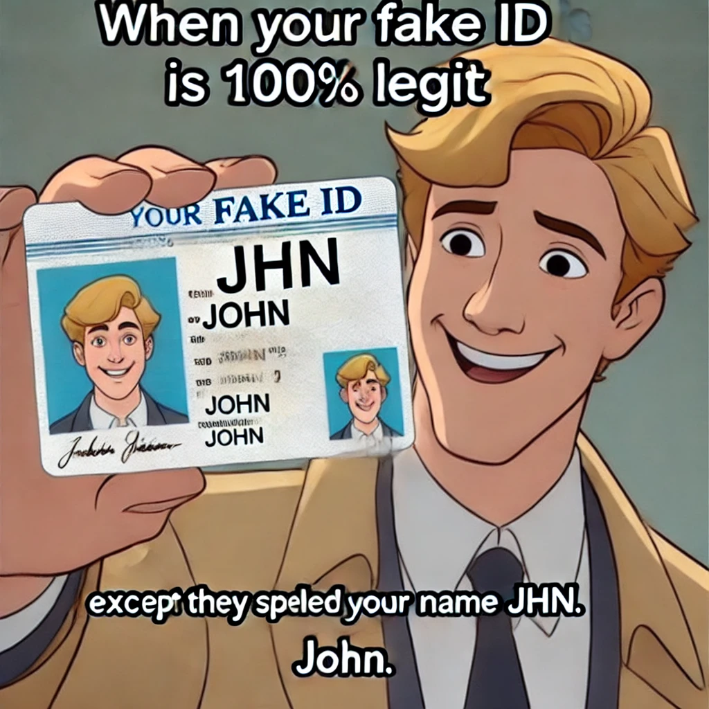 Funny meme about misspelled name on fake ID