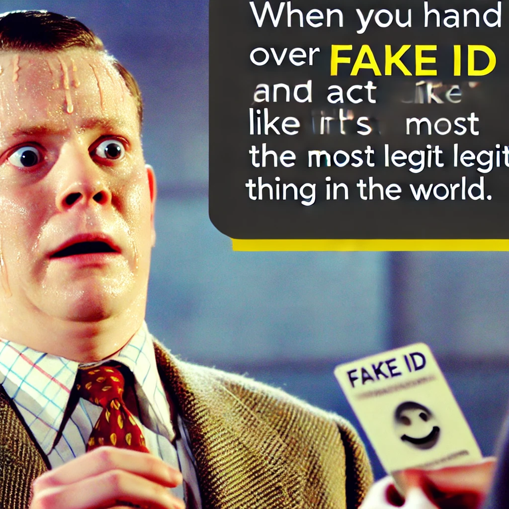 Funny meme about nervous fake ID handover